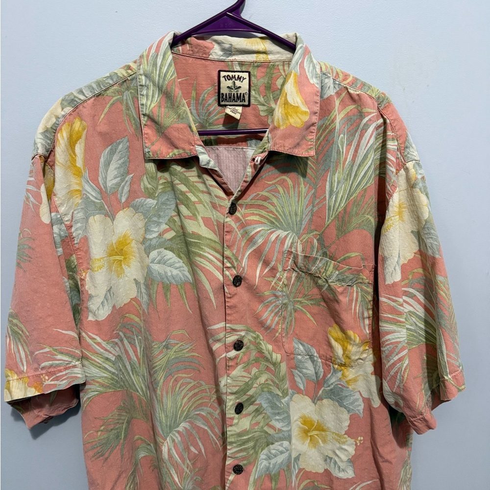 Tommy Bahama Pink and Green Casual Button Down Shirt with Tropical Patterns